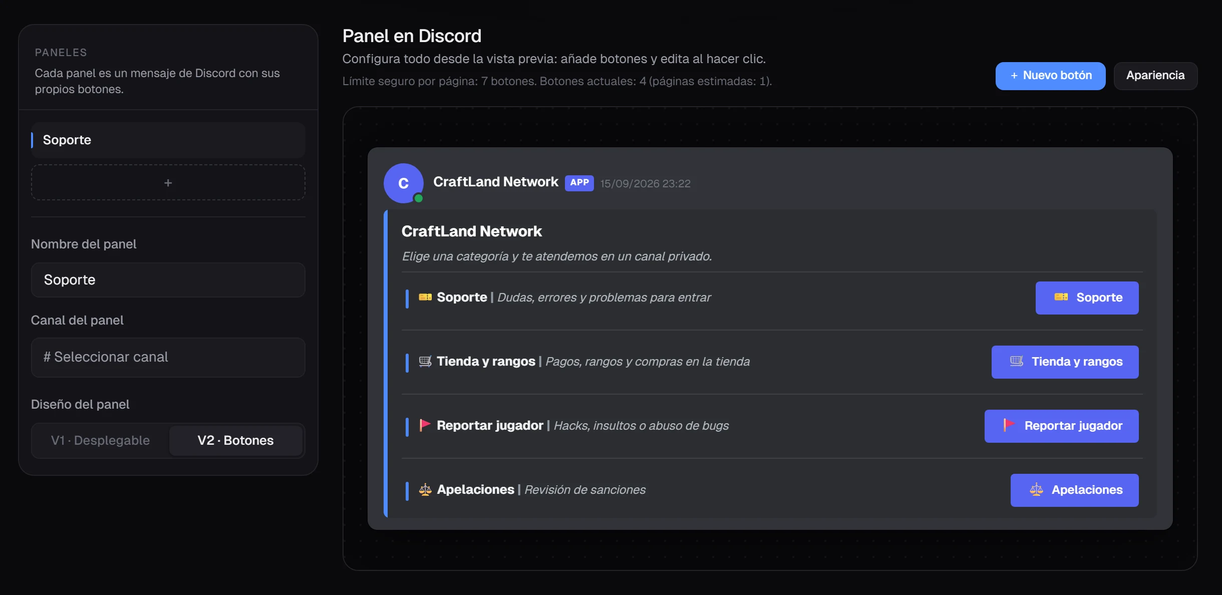 Editor de paneles del dashboard, con la vista previa del mensaje tal como saldrá en Discord.